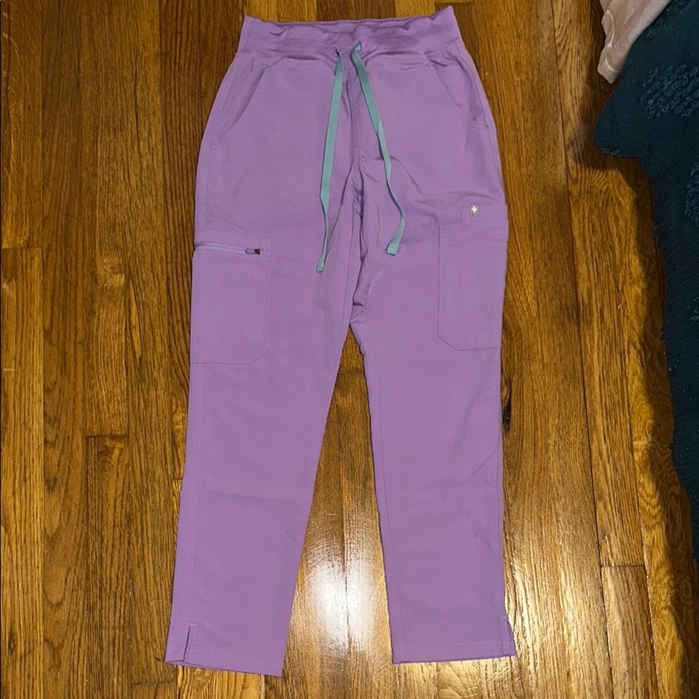 Purple FIGS Petite Yola skinny scrub Pants with Teal Drawstring